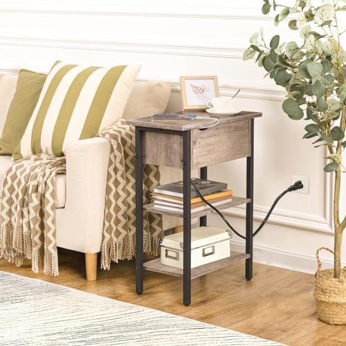 HOOBRO Side Table, Flip End Table with Charging Station and Shelves, USB Ports & Power Outlets, Narrow Nightstand for Small Spaces, Living Room, Stable and Sturdy, Greige and Black BG341BZ01 - color: Greige+black