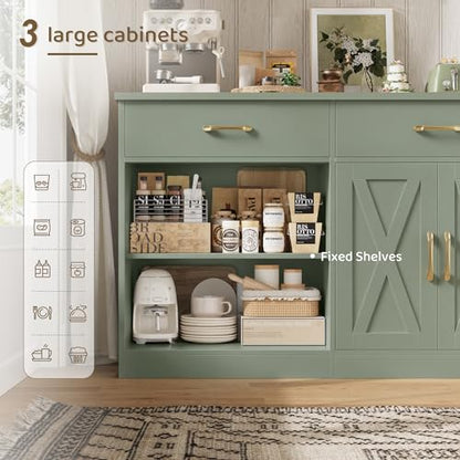 HOSTACK 71"W Farmhouse Kitchen Sideboard Buffet Cabinet with Storage, Green | Large Coffee Bar Cabinet with 3 Wide Drawers, Long Buffet Table with Shelves, Kitchen Storage Cabinet for Dining Room - color: Green
