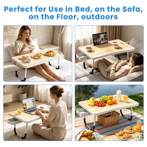 Laptop Bed Table with Storage & Cup Holder - Foldable Bed Table for Laptop, Portable Lap Desk Bed Tray for Breakfast in Bed, Writing, Reading, Working, Eating on Sofa or Floor (144 Jungle)