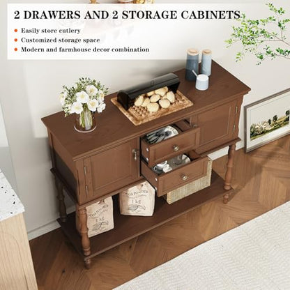 ARTPOWER Console Table with 2 Drawers, Retro Entryway Table with 2 Door | Solid Wood Veneer Entry Table, Behind Couch Sofa Table with Open Storage Shelf for Living Room, Foyer, Hallway - color: Brown