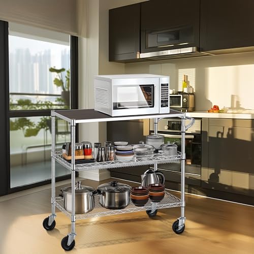 Finnhomy 3 Tier Heavy Duty Commercial Grade Utility Cart with Wood Top, Wire Rolling Cart with Wheels and Handle Bar, Kitchen Carts on Wheels, 18x36x35.4 H Metal Cart with 600 LBS Capacity, Chrome - style: 36“L Chrome