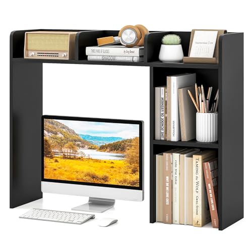 Tangkula Desktop Bookshelf, Countertop Storage Hutch with Shelves for Computer Desk, Desk 3-Tier Display Rack, Multipurpose Wood Desktop Hutch Storage Organizer for Dorm Office (Black,5 Shelves) - color: Black, size: 5 Shelves