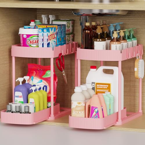 Ukeetap 2 Pack Multi-Purpose Pull-Out Storage Organizers, Under Sink & Cabinet Organizers, 12.8 Inch Pink - color: Pink, size: 12.8 Inch