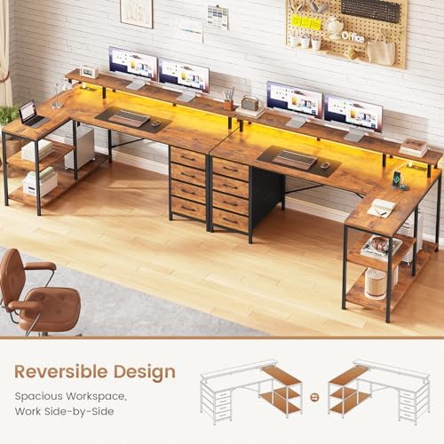 SEDETA L Shaped Desk with 4 Drawers, Shelves, Power Outlets, Rustic Brown | L Shaped Gaming Desk with LED Lights , Computer Desk with Shelves & Drawer, Corner Desk Home Office Desk - color: Rustic Brown