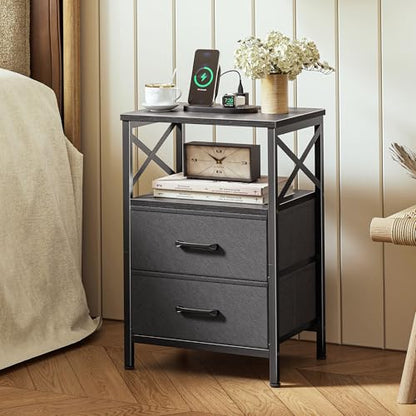 Huuger Nightstands Set of 2, Night Stand with Charger Station, 2 Drawer Side Table with Open Shelf, USB-C Port, End Table for Small Spaces, X Shaped Side Rail, Black - color: Black