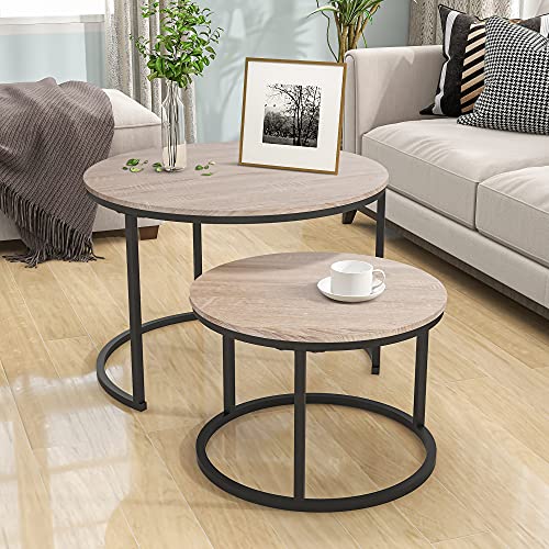 HOJINLINERO Round Coffee Table,Nesting Coffee Table Set of 2,Center Tables for Living Room,Office, Home Small Space,Stacking Side Tables,Sturdy and Easy Assembly,Wood Desktop,Black+Teak OAKDK,Large - color: Oak, size: Large