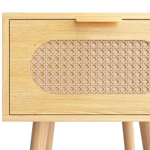 Nightstands Set of 2, Bedside Table with Rattan Door, Boho End Table with Solid Wood Legs for Bedroom, Living Room, Small Space Nightstands, Natural Color, HNS001N - color: Natural