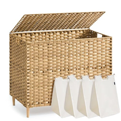 SONGMICS 4-Section Laundry Hamper with Lid, 55.4 Gal (210L) PE Rattan Laundry Basket with Removable Washable Liners, for Bedroom & Living Room, Goose Yellow ULCB224YE01 - color: Goose Yellow, size: 210 L (4 Basket)