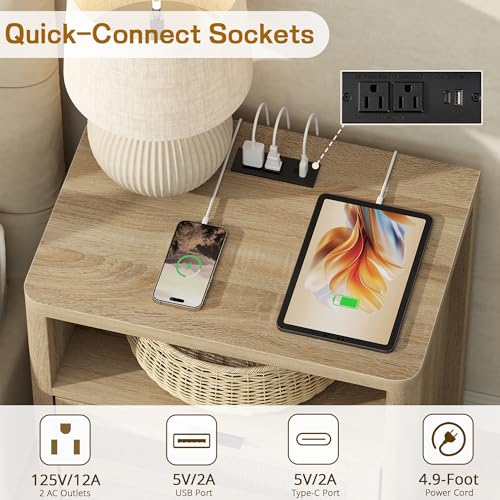 Boho Nightstand with Charging Station, Large Bedside Table with Two Drawers & Open Storage Shelf, Mid-Century Modern End Table Rattan-Look Drawer, Accent Side Table with Rounded Corners for Bedroom - size: 23.6"D x 22"W x 15.74"H(2-Drawers)
