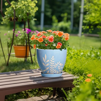 10 Inch Large Ceramic Plant Pot with Saucer - Round Planter with Drainage for Indoor Outdoor Plants, Boho Flower Pot, Home Office Room Garden Decor, Housewarming Gift, Blue - size: 10 Inch