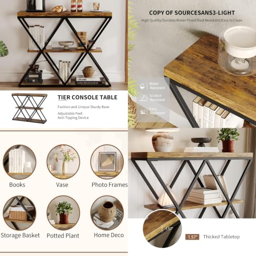 Garvee 3 Tier Console Table,39" Industrial Entryway Table,Open Wood Shelves | Sofa Table,Narrow Wood Accent Tables with Metal Frame for Hallway,Living Room,Behind Couch,Foyer,Entrance,Rustic Brown - color: Rustic Brown + X-shaped