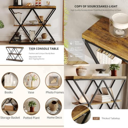 Garvee 3 Tier Console Table,39" Industrial Entryway Table,Open Wood Shelves | Sofa Table,Narrow Wood Accent Tables with Metal Frame for Hallway,Living Room,Behind Couch,Foyer,Entrance,Rustic Brown - color: Rustic Brown + X-shaped