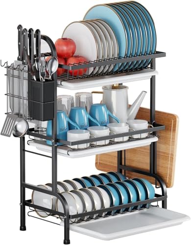BCWW Dish Drying Rack - 3 Tier Stainless Steel Dish Rack for Kitchen Counter, Large Capacity Kitchen Organizers and Storage Rack with Drainboard and Cutlery Holder