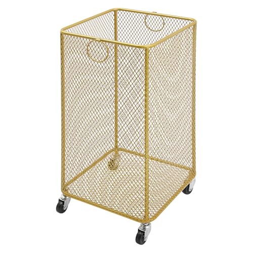 Metal Laundry Storage Basket on Wheels - Square, Rolling Hamper Cart with Mesh Wire & Ring Handles, Stackable Storage Organizer Clothing Sorting Rack for Clothes and Linens, 12"L x 12"W x 22"H (Gold)