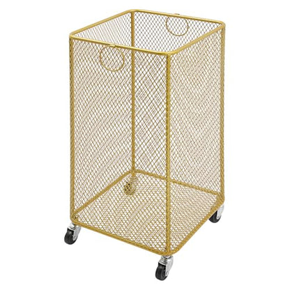 Metal Laundry Storage Basket on Wheels - Square, Rolling Hamper Cart with Mesh Wire & Ring Handles, Stackable Storage Organizer Clothing Sorting Rack for Clothes and Linens, 12"L x 12"W x 22"H (Gold)