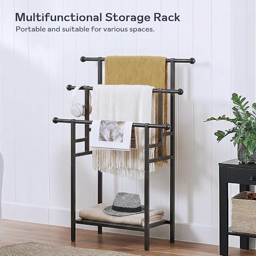 3 Tier Alloy Steel Towel Rack, 35" H Free Standing with Basket, Blanket Drying and Display for Oversized Bath Towels, Bathroom Accessories