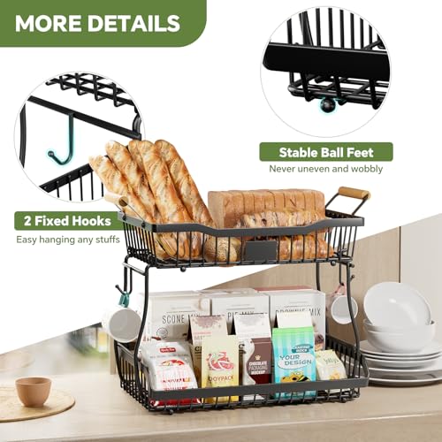 Simple Trending Fruit Basket 2-Tier Detachable, with Banana Hangers & Rust-Proof Metal Mesh, Ventilated Kitchen Organizer for Countertop, Perfect for Fruits, Vegetables, Snacks Storage - style: Fruit Bowl Black-Hanger