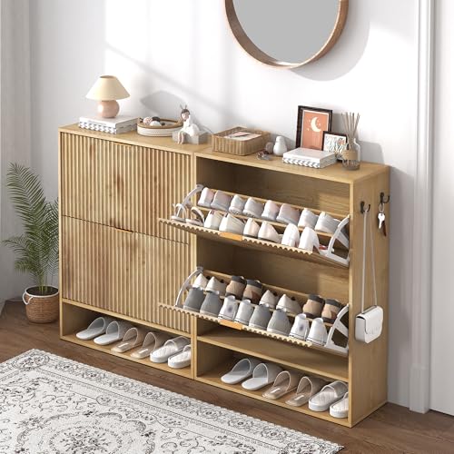 GarveeHome Fluted Shoe Storage for Entryway, Slim Narrow Shoe Cabinet with 2 Flip Drawers, Open Bottom Shelf & Side Hooks, Freestanding Shoe Organizer for Hallway Foyer