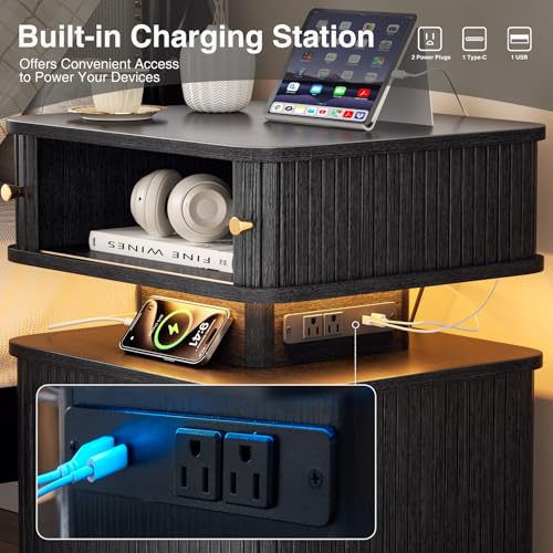Black Nightstand with Charging Station and LED Light, Fluted Bedside Table with 1 Drawer and Storage Cabinet, Modern Ribbed End Table with USB Ports & Outlets for Bedroom, Living Room - color: Black