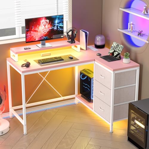 Patikuin L Shaped Desk with Power Outlets & LED Lights, Computer Desk with Drawers & Shelves, Corner Desk Gaming Desk Home Office Desk,Pink - color: Pink