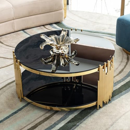 Black Glass Coffee Table, 2-Tier Round Tempered Glass with Gold Stainless Steel Frame, Modern Luxury Coffee Table for Living Room, Office, or Café - color: Coffee Table