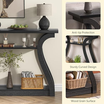 47" Wood Console Table for Entryway, Narrow Sofa Table with 3-Tier Shelves | Curved Legs Farmhouse Hallway Table, Skinny Console Table Behind Couch, Rustic Wooden Entry Table for Living Room (Black) - color: Black