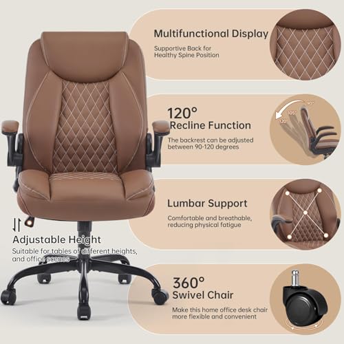 YFO Leather Office Ergonomic Home Office Desk Chair, Back Support Swivel Executive Office Chair with Wheels and Flip-Up Armrests, Small Gaming Chair with Adjustable Rocking Function, Brown - color: Brown