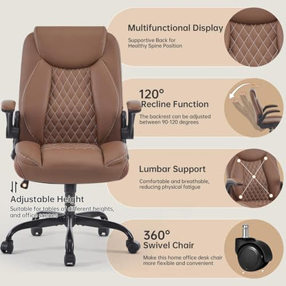 YFO Leather Office Ergonomic Home Office Desk Chair, Back Support Swivel Executive Office Chair with Wheels and Flip-Up Armrests, Small Gaming Chair with Adjustable Rocking Function, Brown - color: Brown