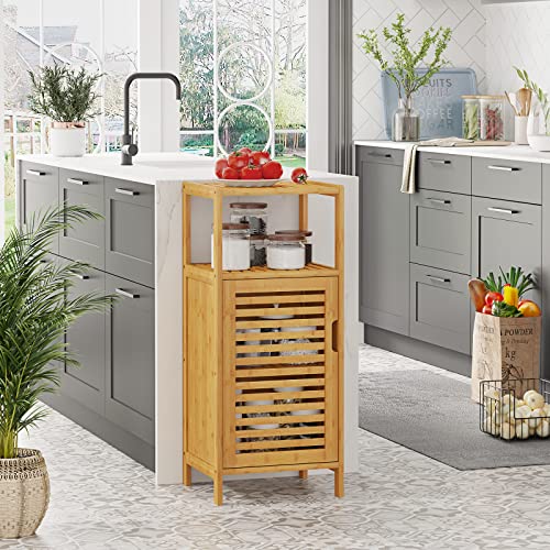 VIAGDO Bamboo Cabinet, Bathroom Storage Cabinet with Single Door and Shelf, Freestanding Bathroom Cabinet, Kitchen Cupboard, Sofa Side Table for Living Room/Hallway/Kitchen