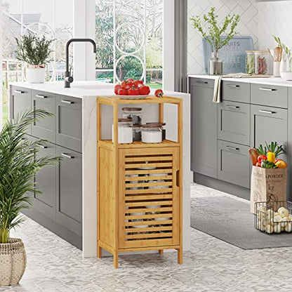 VIAGDO Bamboo Cabinet, Bathroom Storage Cabinet with Single Door and Shelf, Freestanding Bathroom Cabinet, Kitchen Cupboard, Sofa Side Table for Living Room/Hallway/Kitchen