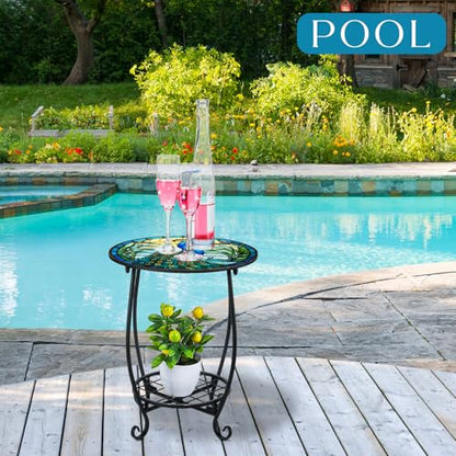 Cinnvoice Outdoor Side Table Round Small Mosaic Patio Accent Indoor End Plant Coffee Tea Table for Yard Patio Porch Garden Living Room, Bedroom(Peacock Style,14 Inch) - size: 14 Inch, style: Peacock Style