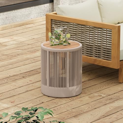 15" Outdoor Rustic Side Table,Rattan Rope & Acacia Wood End Table with Round Top & Iron Frame, Easy Assembly, Versatile Weather-Resistant Patio Furniture for Garden, Yard, Balcony, Beige Teak - size: 15"