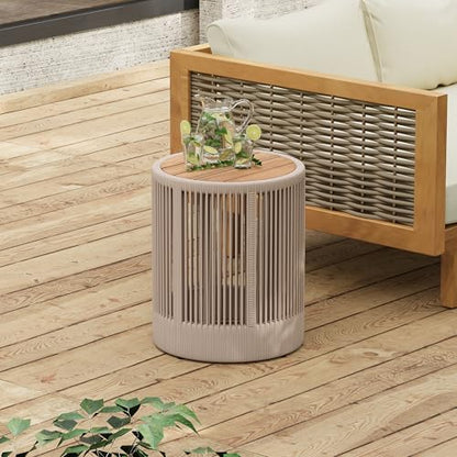 15" Outdoor Rustic Side Table,Rattan Rope & Acacia Wood End Table with Round Top & Iron Frame, Easy Assembly, Versatile Weather-Resistant Patio Furniture for Garden, Yard, Balcony, Beige Teak - size: 15"