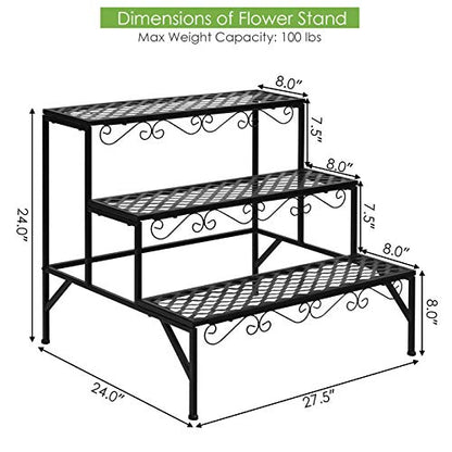 Giantex 3 Tiers Black Metal Plant Stand, Metal Plant Shelf Stands w/ 6-9 Flower Potted Capacity Holders, Multiple Flower Pot Display Rack for Plants Patio Garden Corner Indoor (Rectangular)