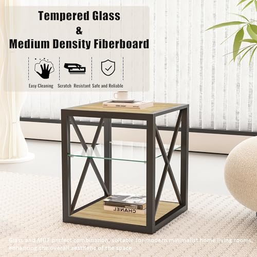 Bellemave 1 piece Side Table for Bedroom & Living Room, Modern End Table with 3-Tier Storage Shelve, Tempered Glass & Wood MDF, X-Frame Metal Support, Nightstand for Small Spaces, Natural - style: with glass