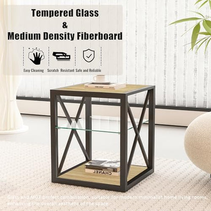 Bellemave 1 piece Side Table for Bedroom & Living Room, Modern End Table with 3-Tier Storage Shelve, Tempered Glass & Wood MDF, X-Frame Metal Support, Nightstand for Small Spaces, Natural - style: with glass
