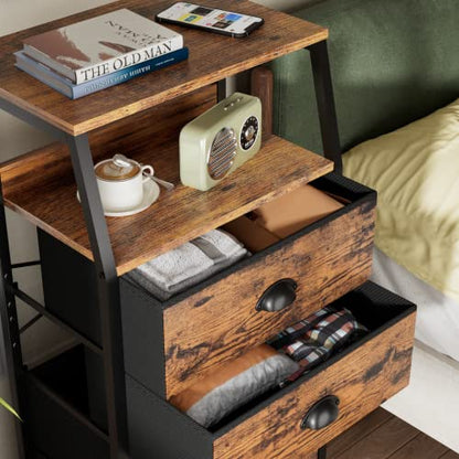 Furnulem Nightstand with 3 Drawers and 2-Tier Shelf, Fabric Small Dresser Organizer Vertical Storage Tower for Bedroom, Closet, Hallway, Nursery, End Table Side Furniture, Sturdy Steel Frame, Wood Top - color: Rustic Brown, style: 3 Drawers