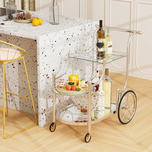 Tangkula Bar Cart, 3-Tier Rolling Home Bar Serving Cart with Mirrored Shelves & 4 Wheels, Mobile Beverage & Wine Cart for Kitchen, Dining Room, Living Room (Silver) - color: Silver