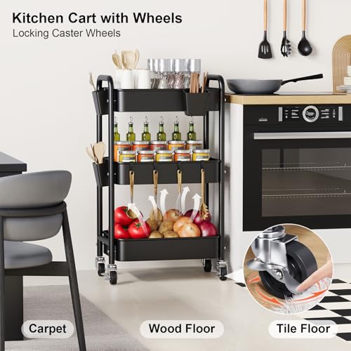 3 Tier Rolling Cart Metal with Wheels, Black Three Tiered Art Cart Organizer on Wheels, Storage Utility Trolley Carts for Kithcen, Craft, Nail, Lash, Makeup, Salon,Bedside, Bathroom, Office, Snack - color: Black 1
