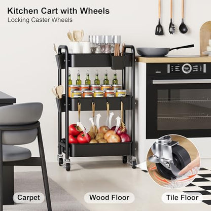 3 Tier Rolling Cart Metal with Wheels, Black Three Tiered Art Cart Organizer on Wheels, Storage Utility Trolley Carts for Kithcen, Craft, Nail, Lash, Makeup, Salon,Bedside, Bathroom, Office, Snack - color: Black 1