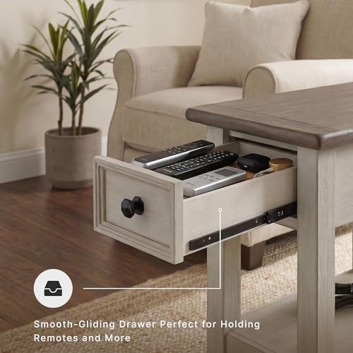 Signature Design by Ashley Bolanburg Narrow End Table, Charging Station | Slim 14-inch profile with USB charging, Wood, White oak veneers and engineered wood, Farmhouse style for small living rooms - color: Dark Brown & White