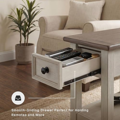 Signature Design by Ashley Bolanburg Narrow End Table, Charging Station | Slim 14-inch profile with USB charging, Wood, White oak veneers and engineered wood, Farmhouse style for small living rooms - color: Dark Brown & White