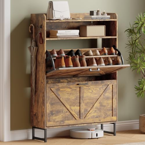 Xixini Shoe Storage Cabinet with 2 Flip Drawers, Entryway Shoe Rack, Brown | Narrow Slim Shoe Storage, Freestanding Hidden Wood Shoe Organizer, Modern Farmhouse, Open Storage & Hooks for Closet, Hallway - color: Brown, size: 2 Flip Drawers