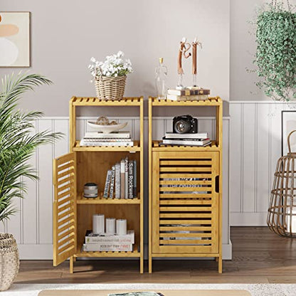 VIAGDO Bamboo Cabinet, Bathroom Storage Cabinet with Single Door and Shelf, Freestanding Bathroom Cabinet, Kitchen Cupboard, Sofa Side Table for Living Room/Hallway/Kitchen