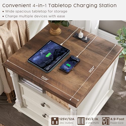 T4TREAM 24" Farmhouse Nightstands with 2 Drawers, Antique White | 4 Solid Wood Feet, Charging Station, Tall Rustic Wood Square, Sofa Side Table, Living Room, Bedroom - color: Antique White