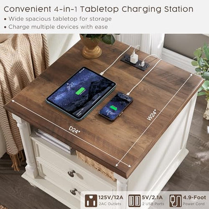 T4TREAM 24" Farmhouse Nightstands with 2 Drawers, Antique White | 4 Solid Wood Feet, Charging Station, Tall Rustic Wood Square, Sofa Side Table, Living Room, Bedroom - color: Antique White