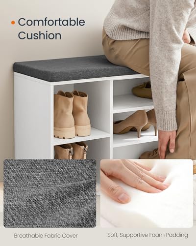 SONGMICS HOME Storage Bench, Snapsemble Superfast Assembly, 41" Wide Entryway Shoe Cubby Bench with Cushion & Adjustable Shelves, Window Shoe Rack Cabinet, Snow White and Slate Gray ULHS391WE02S - color: Snow White + Slate Gray, style: 12"D x 40.9"W x 18.