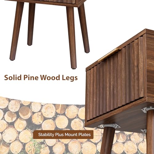 VINGLI Night Stand Set 2, Fluted Nightstands with Drawer, Mid Century Modern Nightstands Set of 2, Bedside Table, End Table, Wood Nightstand for Bedroom, Walnut, 15.75" W*11.81" D*21.85" H - color: Walnut, size: 15.7"W-1 Drawer