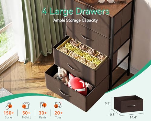 AODK Small Dresser for Bedroom with 4 Storage Drawers, Brown | Dressers Chest of Drawers Fabric Dresser with Sturdy Steel Frame, Dressers for Closet with Wood Top - color: Brown