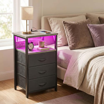 Fixwal Night Stand with Charging Station, LED Nightstand with Fabric Drawers, End Table with PU Finish, Bed Side Table, French Oak - color: French Oak, size: 27.6"H (3 drawers), style: Power+Light (1pc)